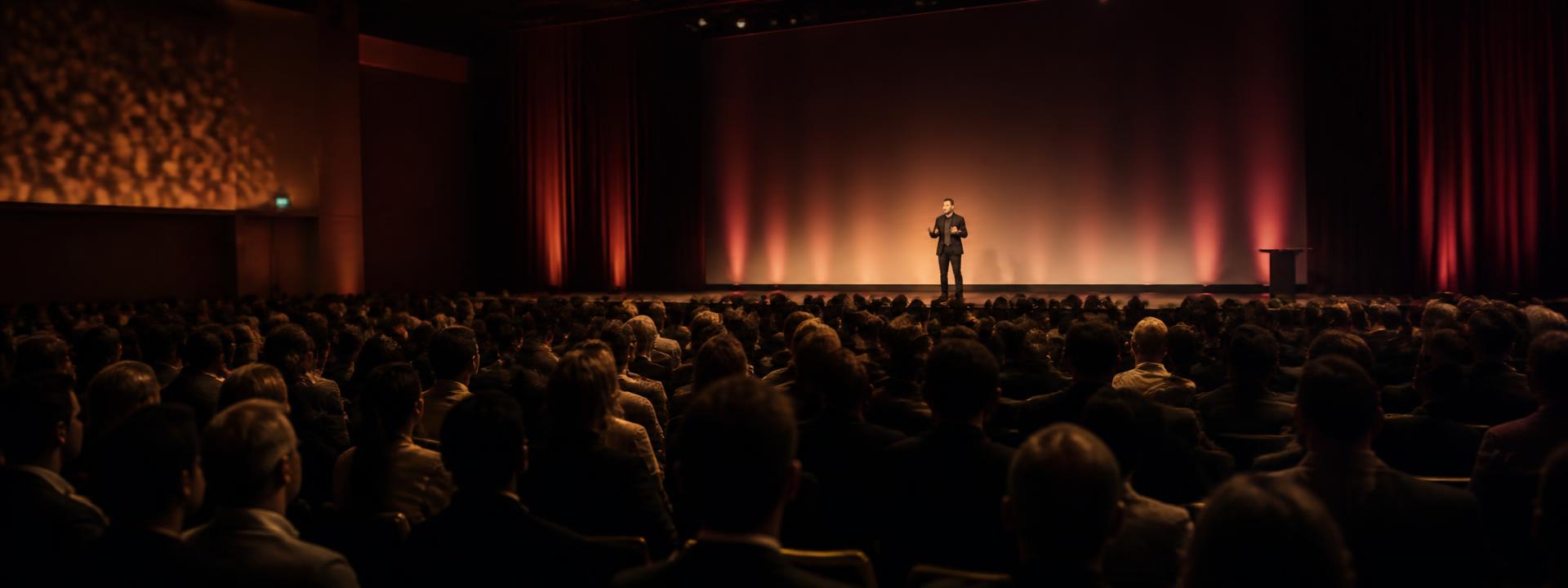 Gerard McInnis speaking to a full auditorium of small business owners and entrepreneurs